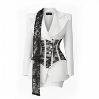 KT Women's White Tailored Blazer with Lace Corset Waist, Black Lace Panel & Scarf, Perfect for Cocktail & Night Out