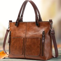 Europe America Retro Leather Handbag Shoulder Bag, Two Pocket Zipper Tote Bag, Classic Crossbody Bags for Women Work Business