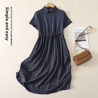 Retro Cotton Linen Shirt Dress Summer Artistic Color Short Sleeve Midi Length Collar Women's Dress Knee-Length