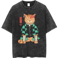 Vintage Washed T-shirt Men Casual Cotton Short Sleeve Samurai Cat Print Anime Tshirt Japanese Neko Sushi Wave Tops Tees
