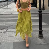 Casual Ruffle Skirt Women Loose High-Waisted Irregular Solid Color Long Skirt 2026 Spring Summer Street Female Skirt