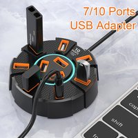 1pc High-Speed 7/10-Port USB 2.0 Hub with LED, Multi-Port Expansion Splitter, Power Adapter for Laptop and Computer Peripherals