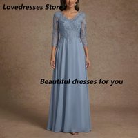 Elegant Lace Appliques Mother of The Bride Dresses Customized V-Neck 3/4 Sleeves A Line Mother Dresses for Wedding Customized