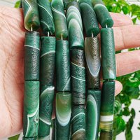 Matte Natural Green Banded Agate Cylinder Tube Beads 30-40x10mm Loose Stone Beads for DIY Jewelry Making Craft Supplies