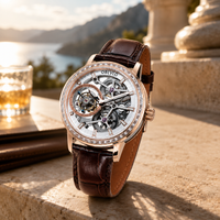 OBLVLO Men's Designer Tourbillon Mechanical Watch with Genuine Leather Diamond Bezel Steel Skeleton Dial Manual-Wind Watch VM-TB