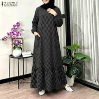 ZANZEA Casual Polka Dots Printed Women Muslim Abaya Dress O Neck Long Sleeve Sundress Dubai Robe Kaftan Bohemian Maxi Dresses