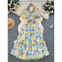 French Pastoral V Neck Floral Hollow Out Dress for Women Summer New Eye Catching Tie Waist Commuter Elegant Party Woman Dress