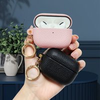 Pebbled Lychee Leather AirPods Case with Anti-Lost Gold Keyring, Full Wrap Hard Shell Shockproof Cover
