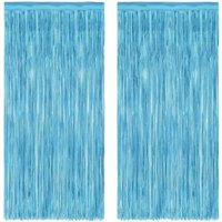 2PCS Light Blue Metallic Foil Fringe Curtains, 3.3x6.56ft Tinsel Backdrop Curtains for Party Decorations, Wall Decor