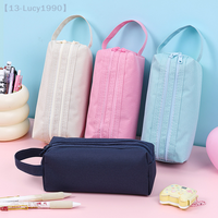 Double Layer Zippers Pencil Case Stationery Storage Bag Large Capacity Solid Color Pencil Pouch School Supplies