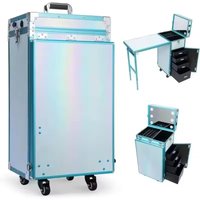 Rolling Manicure Table Foldable Nail Table Makeup Train Case Trolley Travel Storage Organizer with 4 Drawers Mirror & Speaker