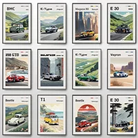 1pc frameless canvas painting Classic GT40 Cars Bmw E30 and Ford Car Cartoon Retro Poster Canvas Paintings Wall Art Pictures Hom