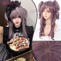 Women's 22-inch synthetic fiber wig, Lolita purple jellyfish twin-tail wig cap, brown mixed inner net, versatile wearing styles