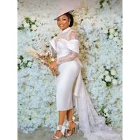 Customized White Short Wedding Dresses Mermaid Lace Long Sleeves Tea Length Satin Classic African Women Prom Bridal Party Gown
