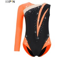 Kids Girls Gymnastics Figure Skating Dance Leotard Asymmetrical Long Sleeve Round Neck Shiny Rhinestones Color Block Bodysuit