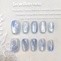 10pcs Nail Art Blue Mermaid Cat's Eye Handmade Press on Nail False Nails Square Head Girl Lady Wearable Detachable Nail Tips