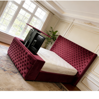 #Upholstered Velvet Square Storage Bed With Build In TV Lift Footboard King Size TV Bed