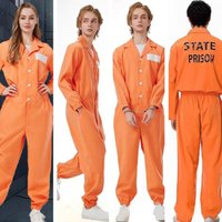 Adult Inmate Costume Halloween Prisoner Cosplay Jumpsuit Lapel Long Sleeve One Piece Unitard Men Orange Prisoner Jail Uniform