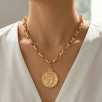 Vintage Portrait Coin Pendant Paperclip Chain Choker Necklace Gold Tone Adjustable Chunky Bohemian Jewelry for Women