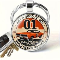 2D Flat Vintage Car Enamel Keychain with "Just a Boy Who Loves Duke" Design, Fashionable Alloy Gift for Men Fathers Car