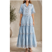Blue Elegant Romantic Vacation Heavy Tassel Lace Short Sleeve Blouse Long Skirt Two Piece Set Women Spring Summer Elegant Festiv