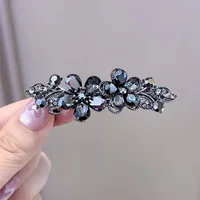 Elegant Black Rhinestone Crystal Flower Spring Clip Hair Clip High-end Women's Back of Head Half-tied Hairpin Hair Accessories