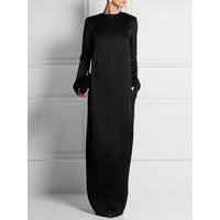 Women Black Satin Maxi Dress Long Sleeve Round Neck Loose Fit H Line Minimalist Elegant Church Evening Party Dresses