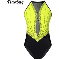 Kids Girl Shiny Rhinestone Gymnatics Ballet Leotards Dance Costume Figure Skating Bodysuit Costume Sleeveless Jumpsuit Dancewear