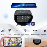 Mini Alarm Clock Camera with Wireless Charger 4K HD WiFi6 Camcorder Temperature Display Motion Detection Surveillance Cameras
