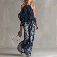 Fashion Chiffon Women Summer 2PCS Matching Set Elegant Navy Blue Halter Neck Tops And Printed Wide Leg Pant Ladies Outfit