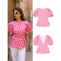 HH Pink Polka Dot T-Shirt For Women Fashion Back Zipper Slit Hem Puff Sleeve Slim Shirt Elegant Casual Vacation Beach Blouse Top