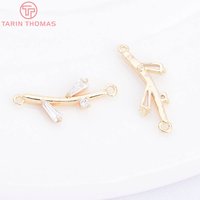 (10710) 6PCS 18K Gold Color Brass with Zircon Branch Shaped Double Hole Pendants High Quality DIY Jewelry Making Accessories