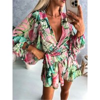 Spring Summer Boho Women Jumpsuit Fashion Deep V Neck Lantern Sleeve Casual Print Rompers Shorts Women's Elegant Jumpsuits New