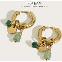 YACHAN 18K Gold Plated Stainless Steel Hoop Earrings for Women Vintage Green Natural Stone Charms Trendy Waterproof Jewelry