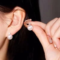 Freshwater Round Bright White Natural Pearl S925 Sterling Silver Fashion Princess Style Diamond-studded Temperament Earrings