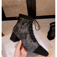 Elegant Black Lace Suede Ankle Boots Lace-Up Design Square Toe Low Block Heel Sexy Mesh Back Zipper Design Urban Lady Boots