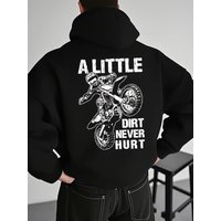 Men'S Casual Long-Sleeve Hoodie with "A Little Dirt Never Hurt" Motorcycle Print - Stylish Blue Pullover with Drawstring,