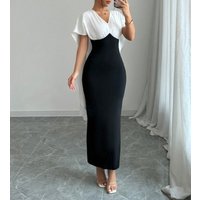 Women's Spring Summer Black White Color Block V Neck Cape Short Sleeve Bodycon Maxi Elegant Cocktail Dress