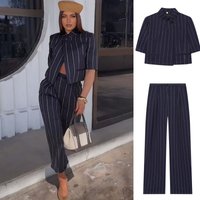 BSAY 2026 New Women's Striped 2-Piece Suit Stand Collar Short Sleeve Blazer High Waist Wide Leg Pants Elegant Office Outfit