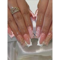24Pcs/Set Elegant 3D Floral French Nail Stickers With Gold Edges & Pearls, Square Shaped Press-On Nail Art Tips, Suitable For Gi
