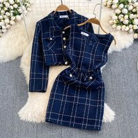 Two Piece Sets Women Dress Set Turn Down Collar Matching Sets Single Breasted Coats V Neck Sleeveless Dresses High Waist
