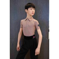2026 Boys Latin Dance Tops Khaki Short Sleeves Lapel Slim Fit Shirts Male Kids Cha Cha Rumba Dance Performance Clothes DNV26493