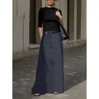 UOOZEE Women's High Waist A-Line Skirts 2024 New Autumn Fashion Imitation Denim Solid Color Casual Office Long Skirt Bottoms