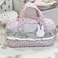 INS Korean Pink Polka Dot Grid Pencil Case with Handle Large Capacity Student Pen Bag Ins Multifunctional Stationery Organizer