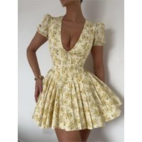 Summer Dresses For Woman Floral Printed Evening Dress Puff Sleeve V-Neck Slim French Retro Vestidos Simple Style Temperament