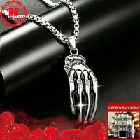 Vintage Skeleton Hand Pendant Necklace for Men Women Stainless Steel Box Chain Skull Claw Ghost Punk Gothic Biker Jewelry Gift