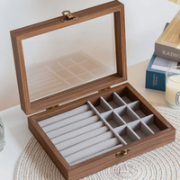 Retro Elegant Wood Jewelry Box Glass Lid Dust-proof Jewelry Organizer Velvet Storage Box Ring Display Holder Desk