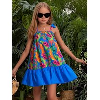 Kids Summer Boho Dress Colorful Floral Print Sleeveless Ruffle Hem Beachwear for Girls