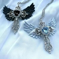 Y2K Inspired Gothic Wings and Cross Pendant Punk Choker Necklace, Heart Shaped Faux Zirconia - Perfect Valentine's Day Gift