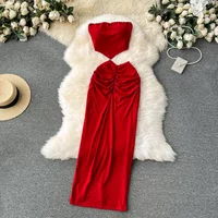 Women Vintage Two Pieces Skirt Sets Women Folds Sleeveless Off Shoulder Crop Top Elastic Waist High Elastic Waist Pencil Drees